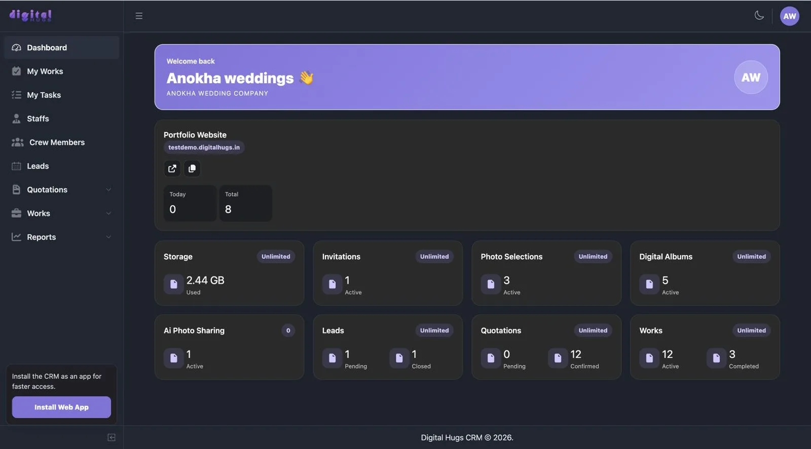 DigitalHugs studio dashboard in dark mode